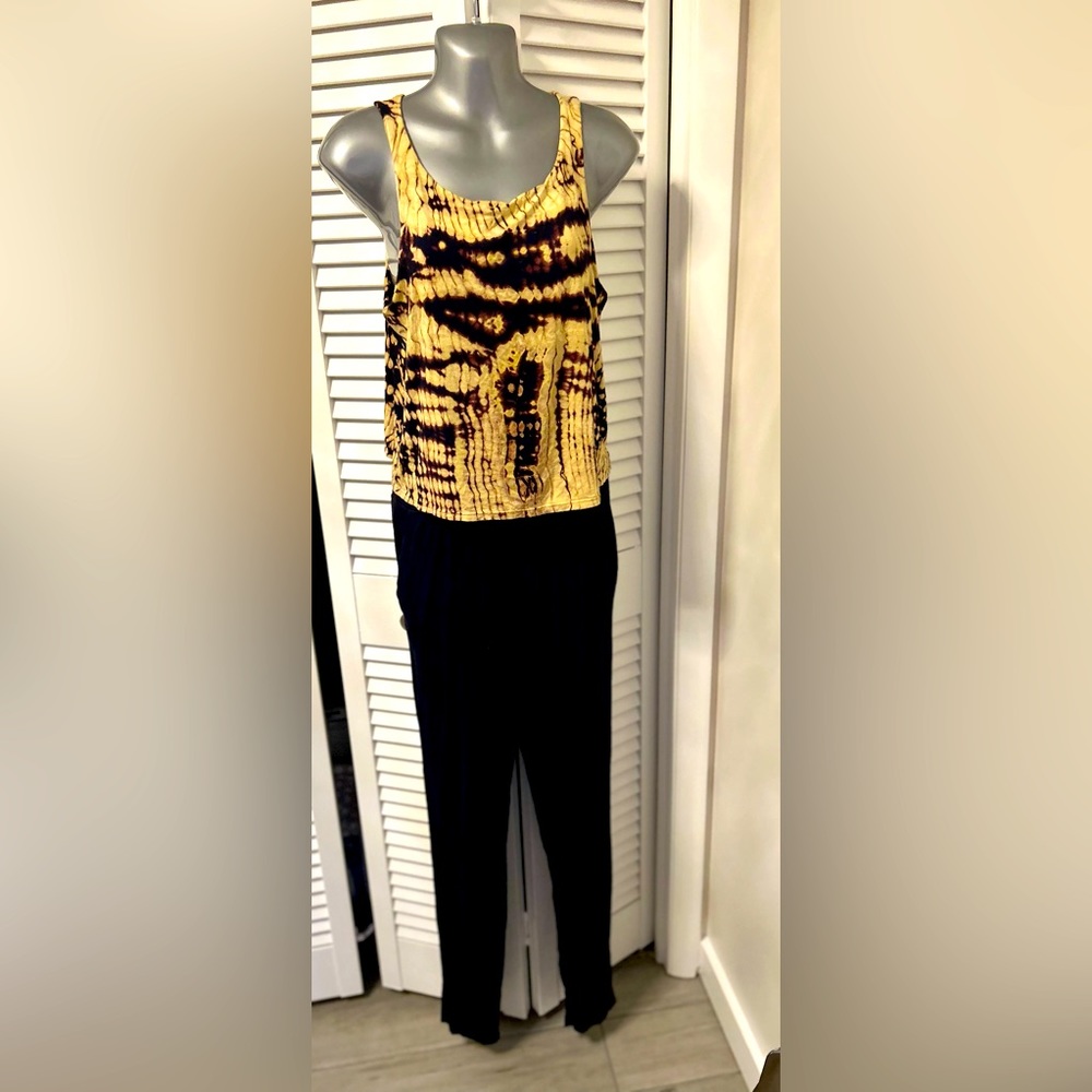 Gypsy 05 navy and gold tie dye open back jumpsuit